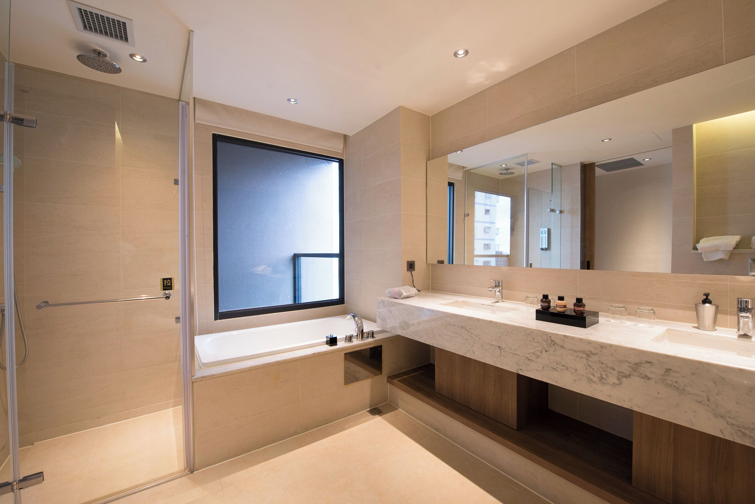 signature quadruple room | bathroom | hair dryer, slippers, towels