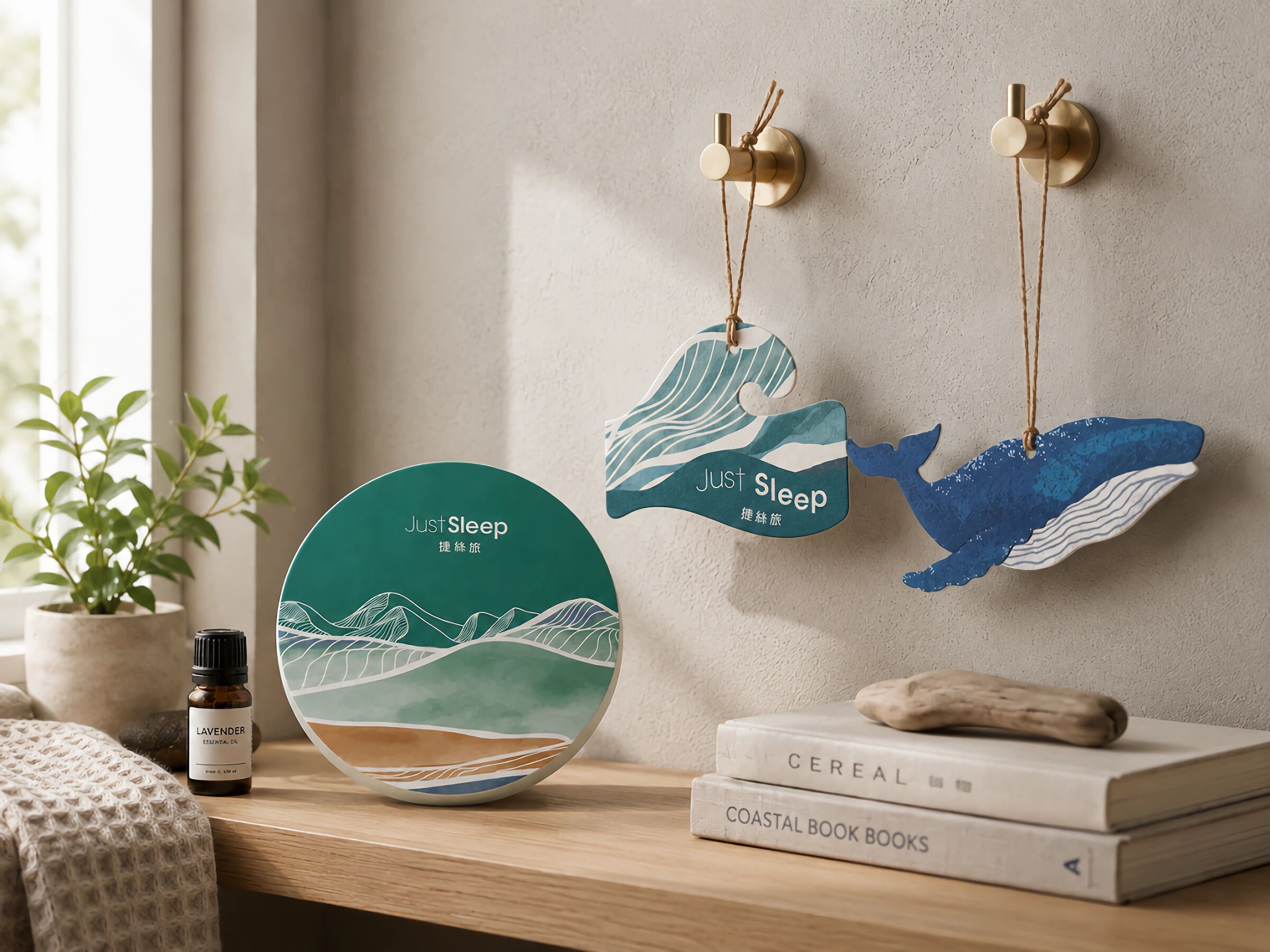 Una estantería con una botella de aceite esencial de lavanda, un plato redondo con diseño de olas y dos adornos con forma de ballena colgados.