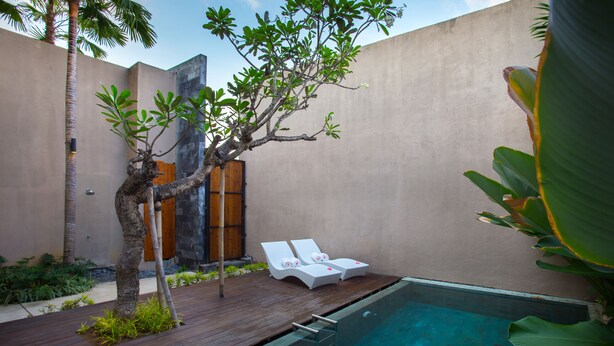 A modern outdoor pool area with a wooden deck, two white lounge chairs, and a small tree. - Asa Bali Luxury Villas & Spa (Seminyak)