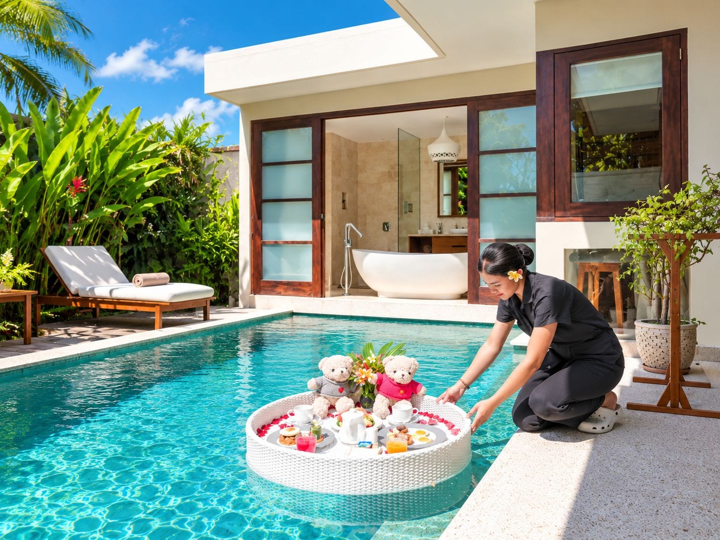 Frühstück am Pool mit Tisch, Handtuch und Liegestuhl.