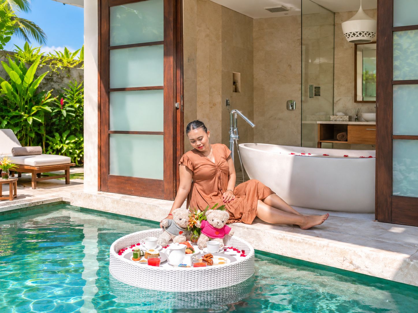 A woman sitting by a pool with a tray of food and drinks, a bathtub, and a sunlit outdoor area with plants.