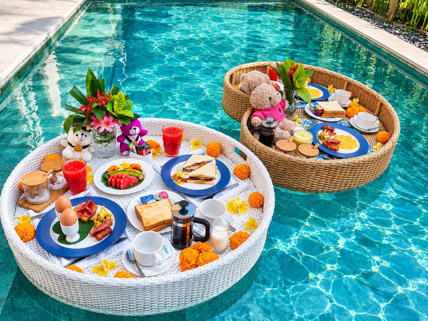 Two wicker trays with breakfast items and a teddy bear on a poolside.