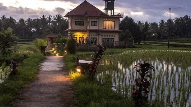 Una casa de dos pisos con una torre destacada, rodeada por un jardín exuberante y un campo de arroz.