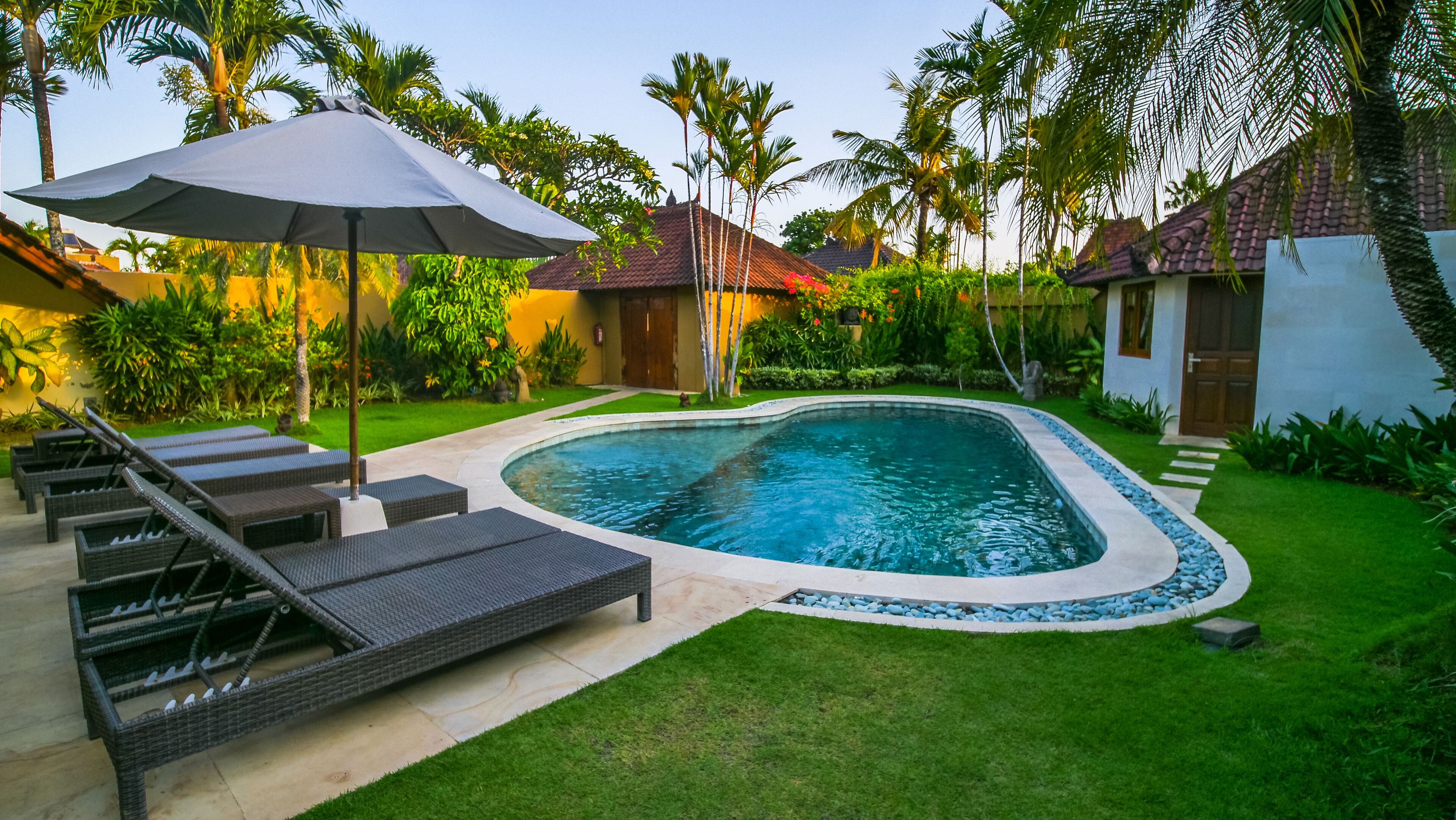Una piscina con sillas de descanso y una sombrilla, rodeada de vegetación y palmeras.