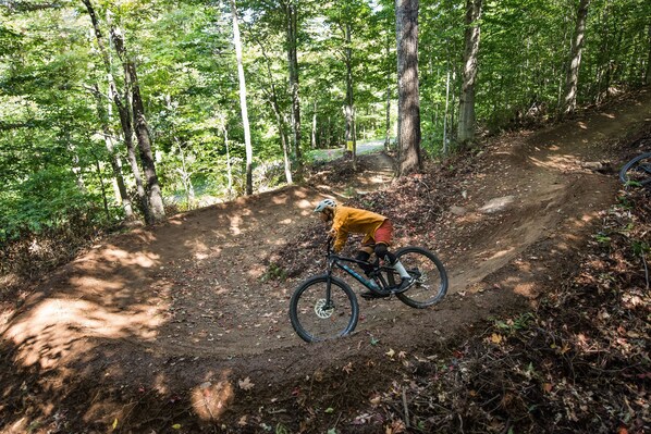 A dirt bike trail in a forested area.