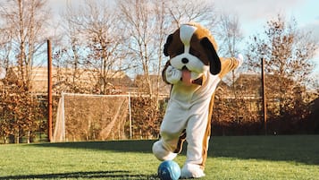 A person in a dog costume playing with a soccer ball on a grassy field with a goal in the background.