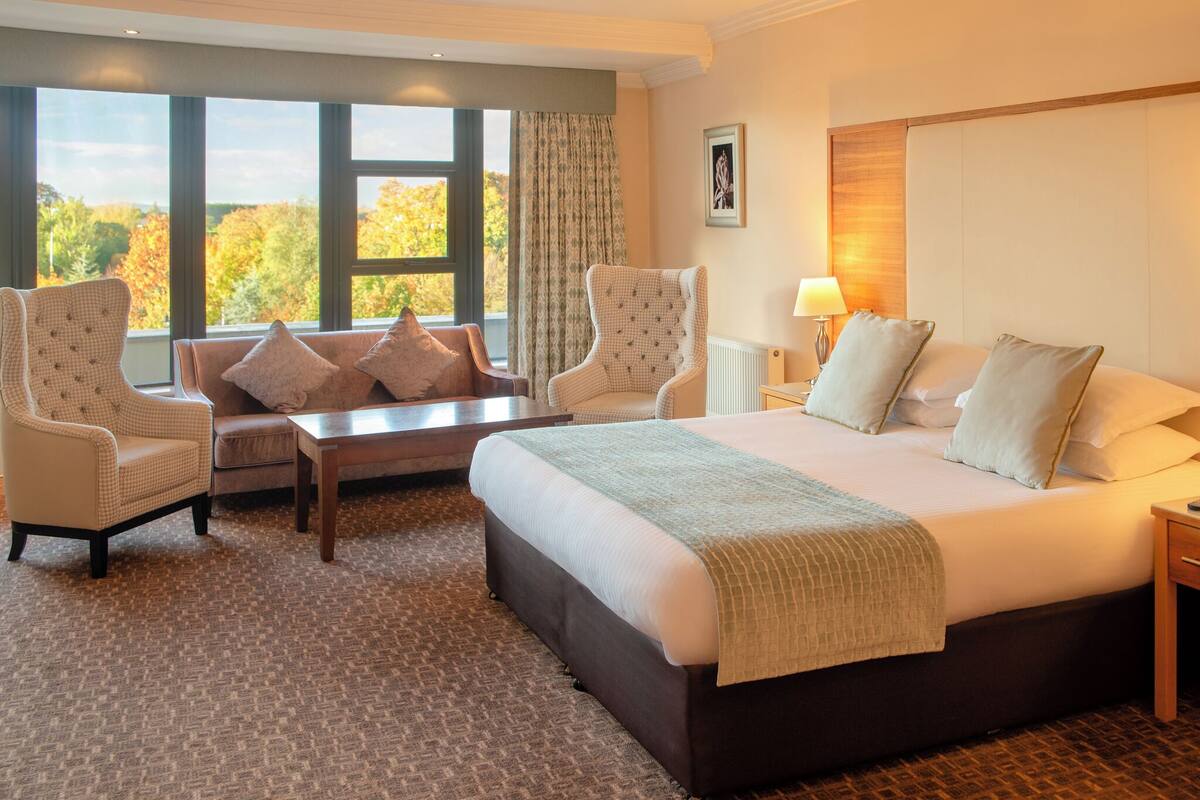 Ein Hotelzimmer mit einem großen Bett, zwei Sesseln, einer Couch, einem kleinen Tisch und Blick auf herbstliche Bäume durch große Fenster.