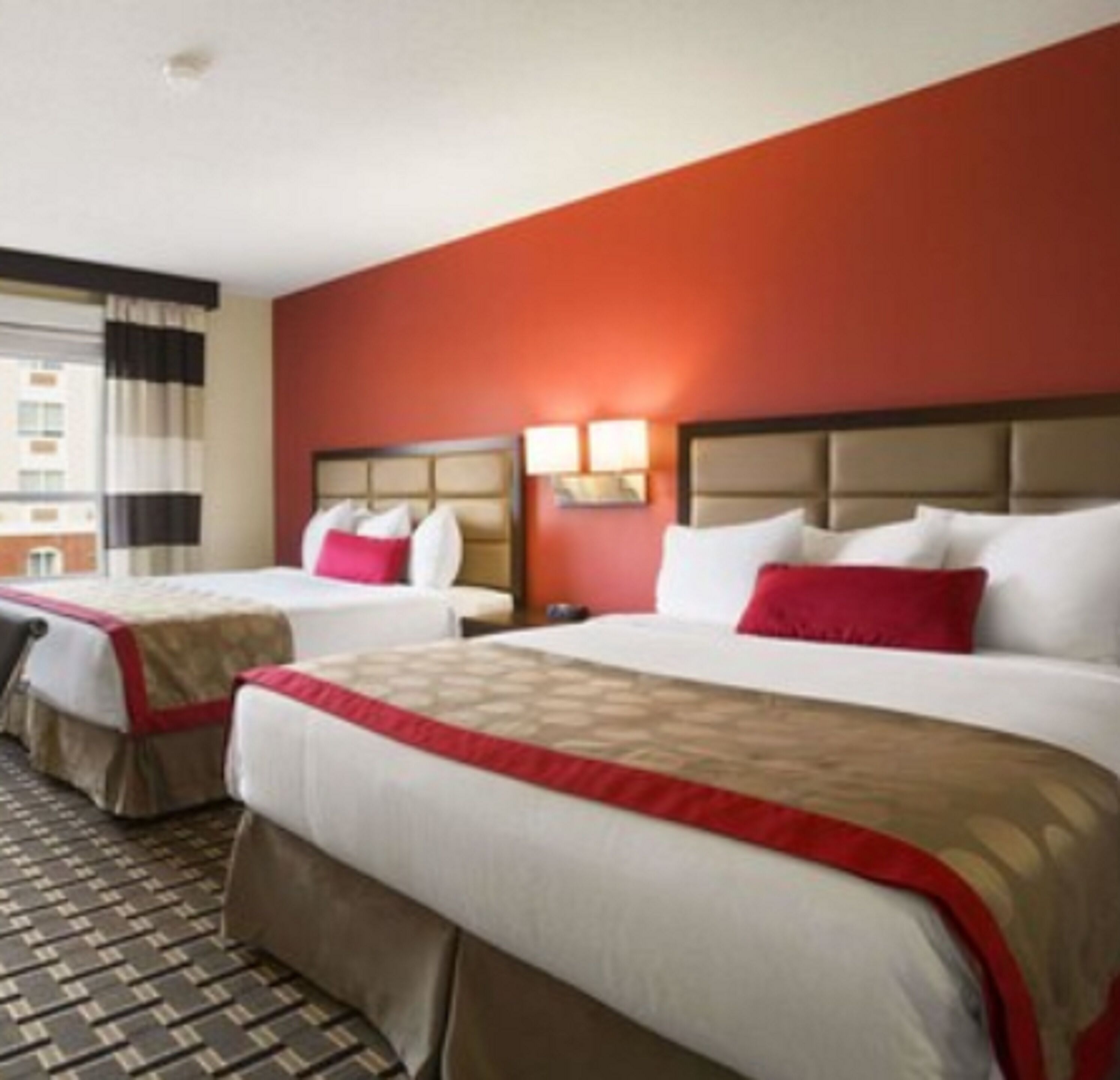 desk, laptop workspace, blackout curtains, iron/ironing board