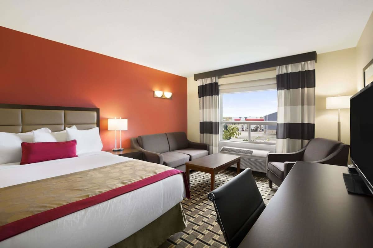 A hotel room with a bed, a desk, a chair, a sofa, a TV, and a window with curtains.