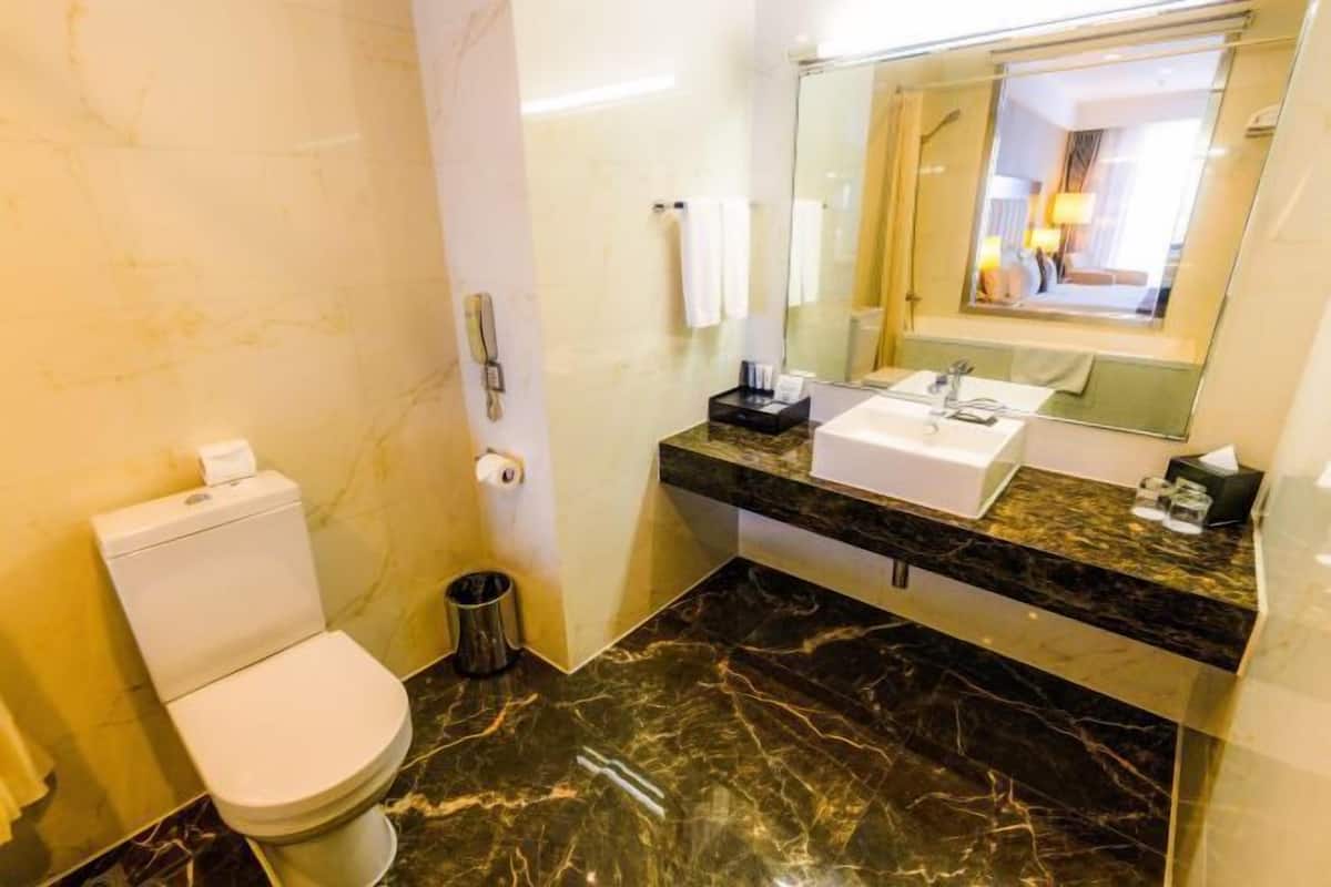 Separate bathtub and shower, rainfall showerhead, free toiletries