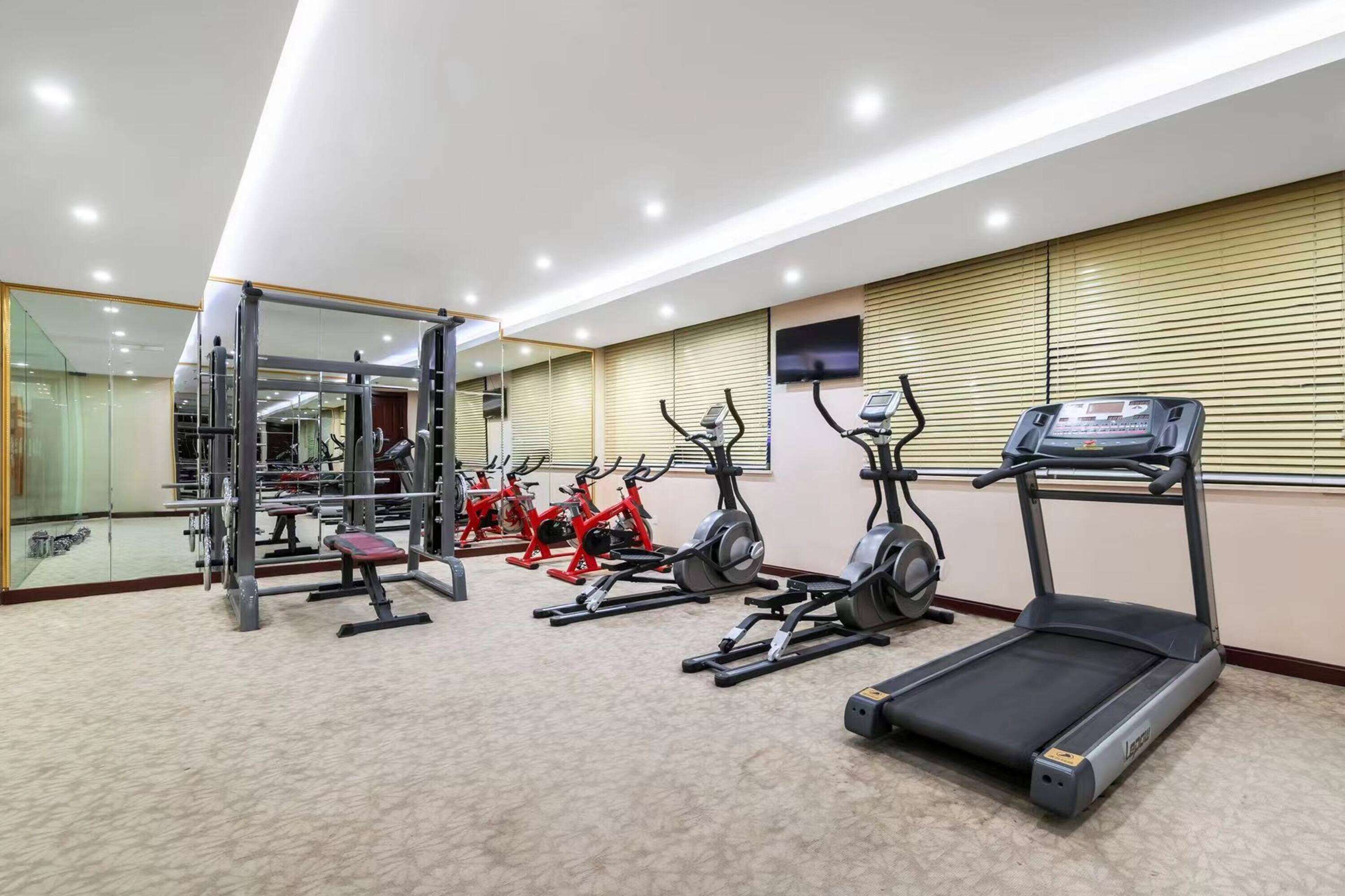 A gym with treadmills, stationary bikes, and weight machines.