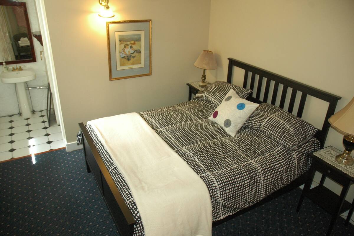 A neatly made bed with a patterned bedspread and pillows, a bedside table with a lamp, a framed picture on the wall, and a bathroom with a sink and mirror.