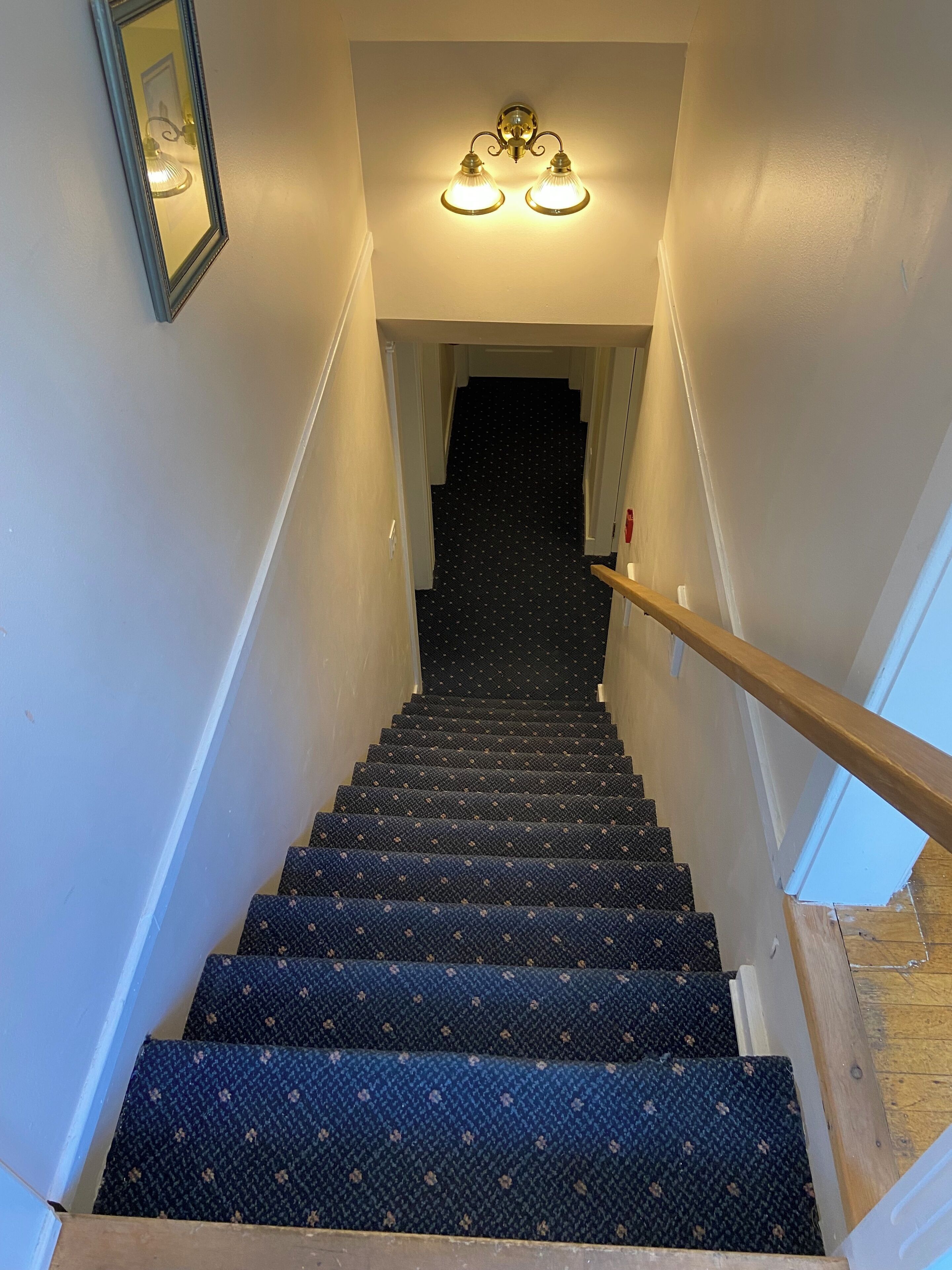 A staircase with patterned carpet, a wooden handrail, and a wall-mounted light fixture.