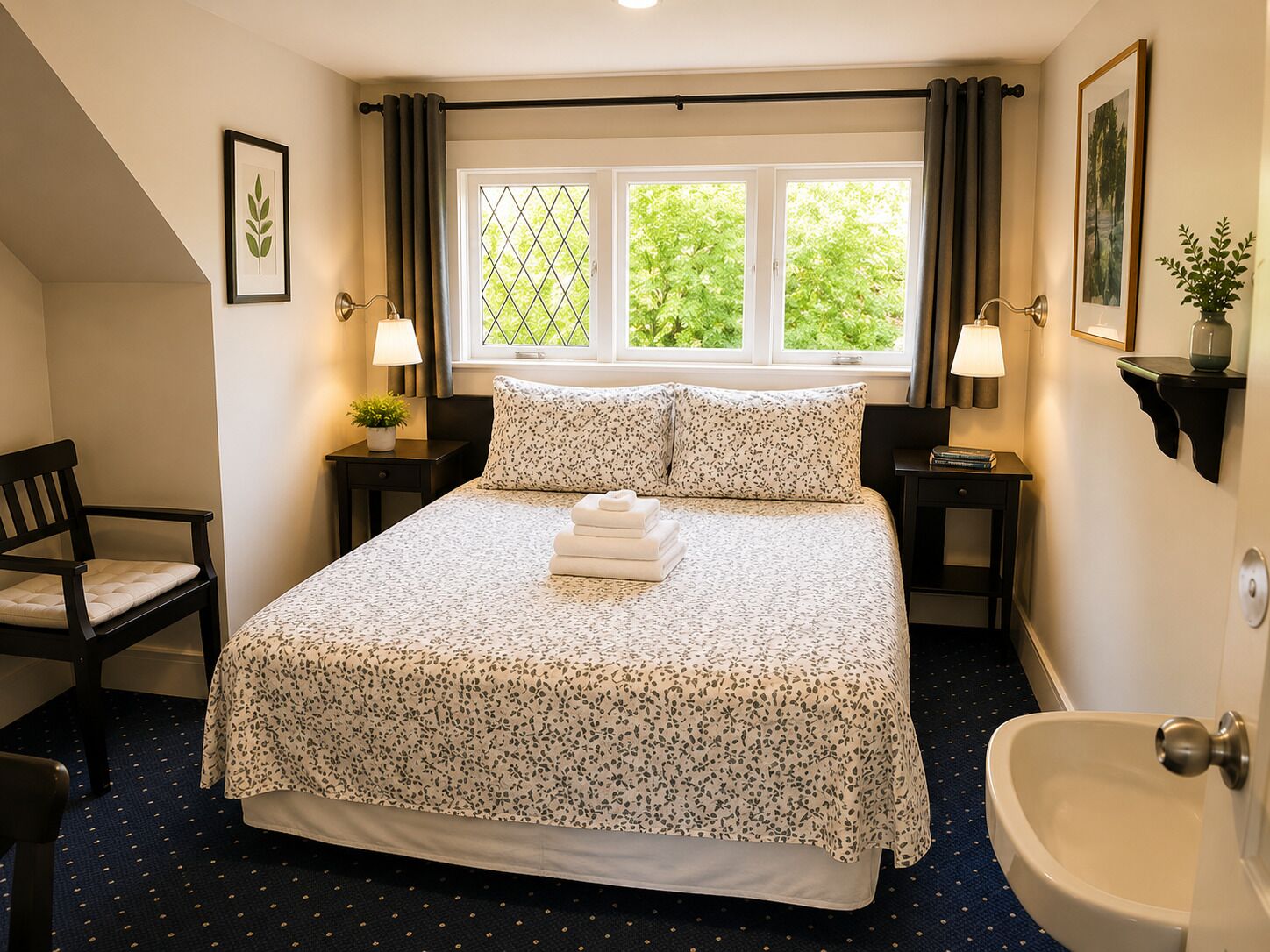 Habitación de hotel con cama, dos mesitas de noche, una silla, ventana con cortinas, planta en maceta y baño con lavamanos e inodoro.