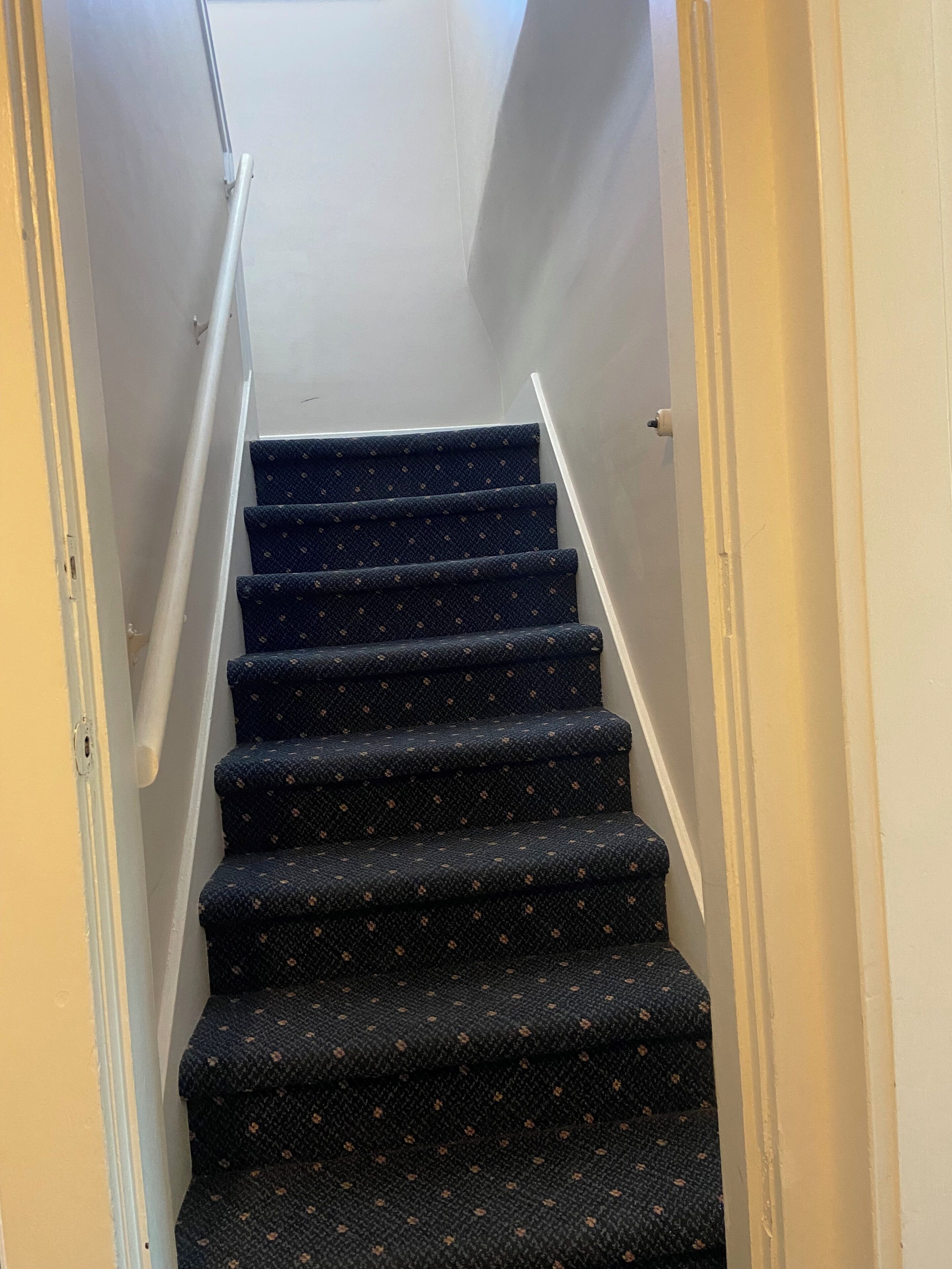 A staircase with dark carpeted steps and white walls.