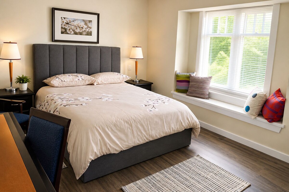 A bedroom with a large bed, bedside lamps, a window with blinds, and a framed picture on the wall.
