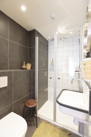 Shower, rainfall showerhead, hair dryer, towels