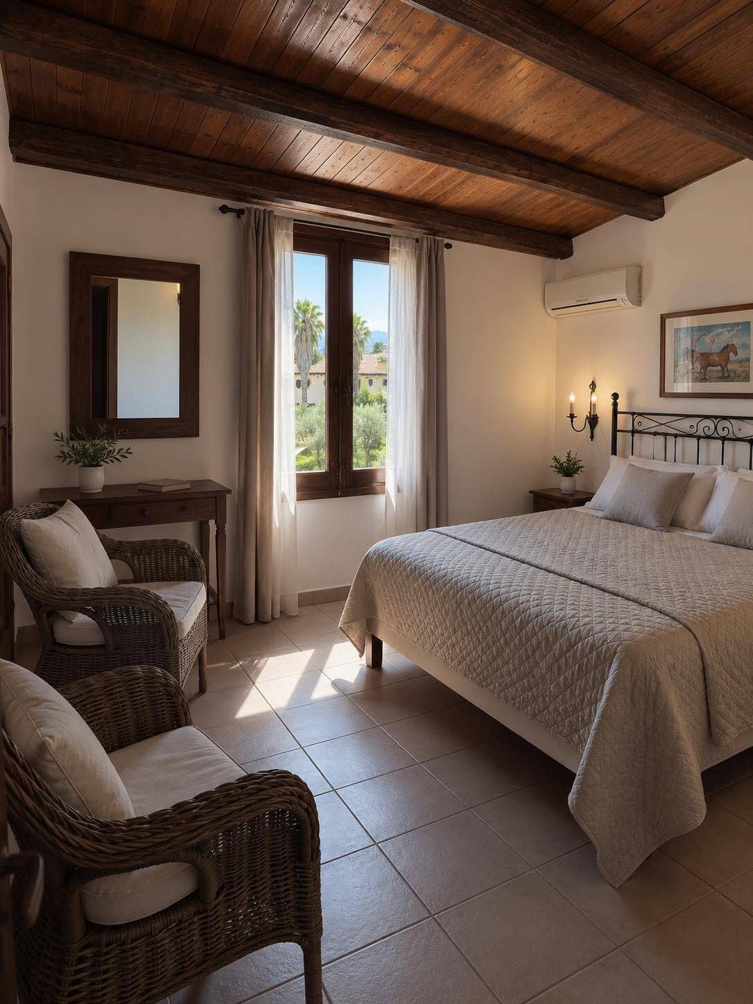 Un dormitorio con una cama grande, dos sillas de mimbre, una mesita, una ventana con cortinas y un aire acondicionado instalado en la pared.
