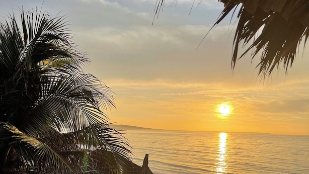 A beachside lounge with thatched umbrellas and lounge chairs, overlooking the ocean at sunset. - Full Moon Beach (Mui Ne)
