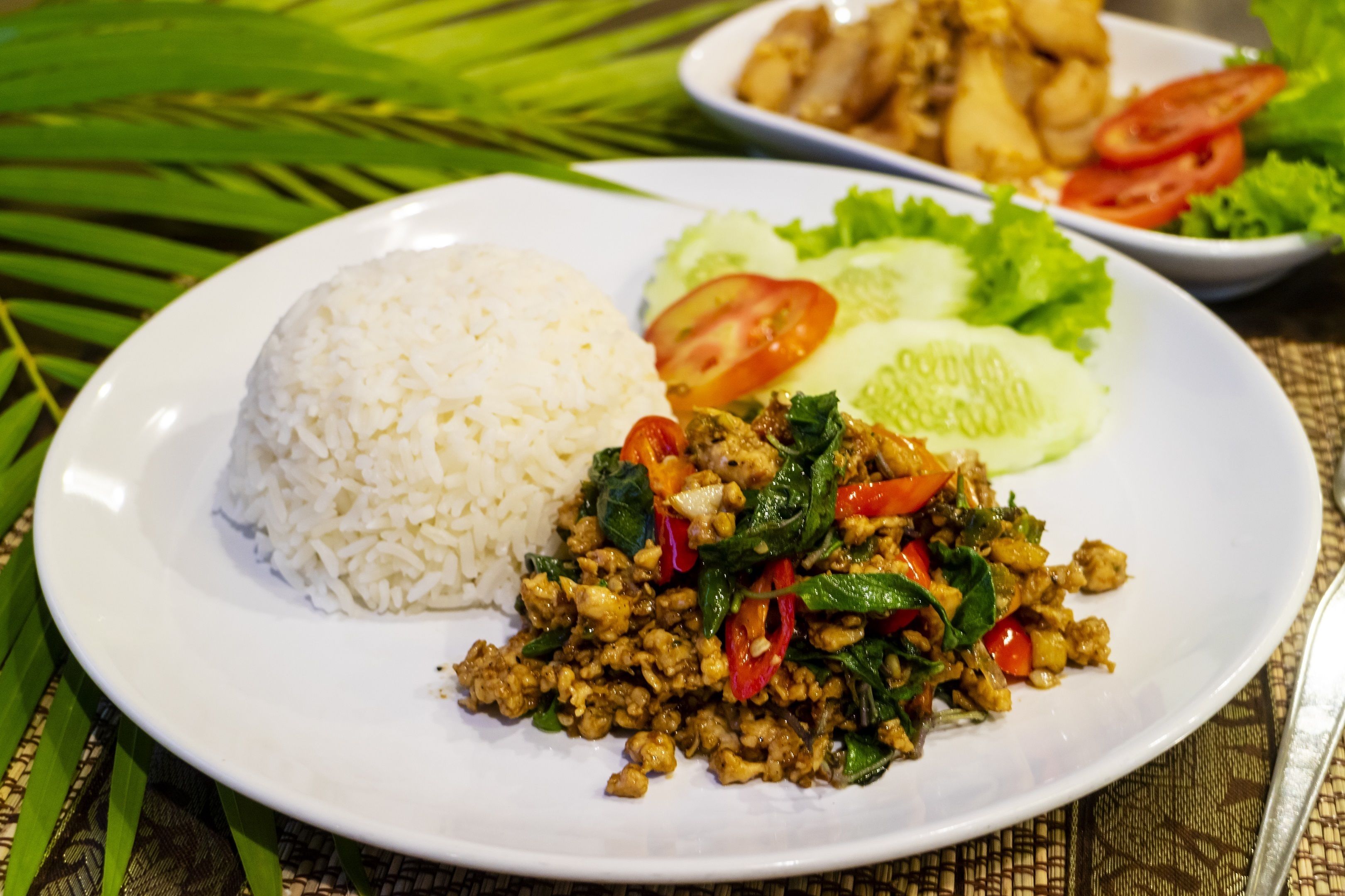 A plate of food with rice and stir-fried vegetables.