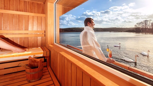 A sauna with wooden benches and a large window overlooking a lake with swans. - INSELHOTEL Potsdam - Hermannswerder (Potsdam)