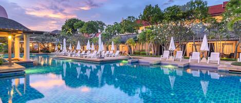 Outdoor pool, pool umbrellas, pool loungers