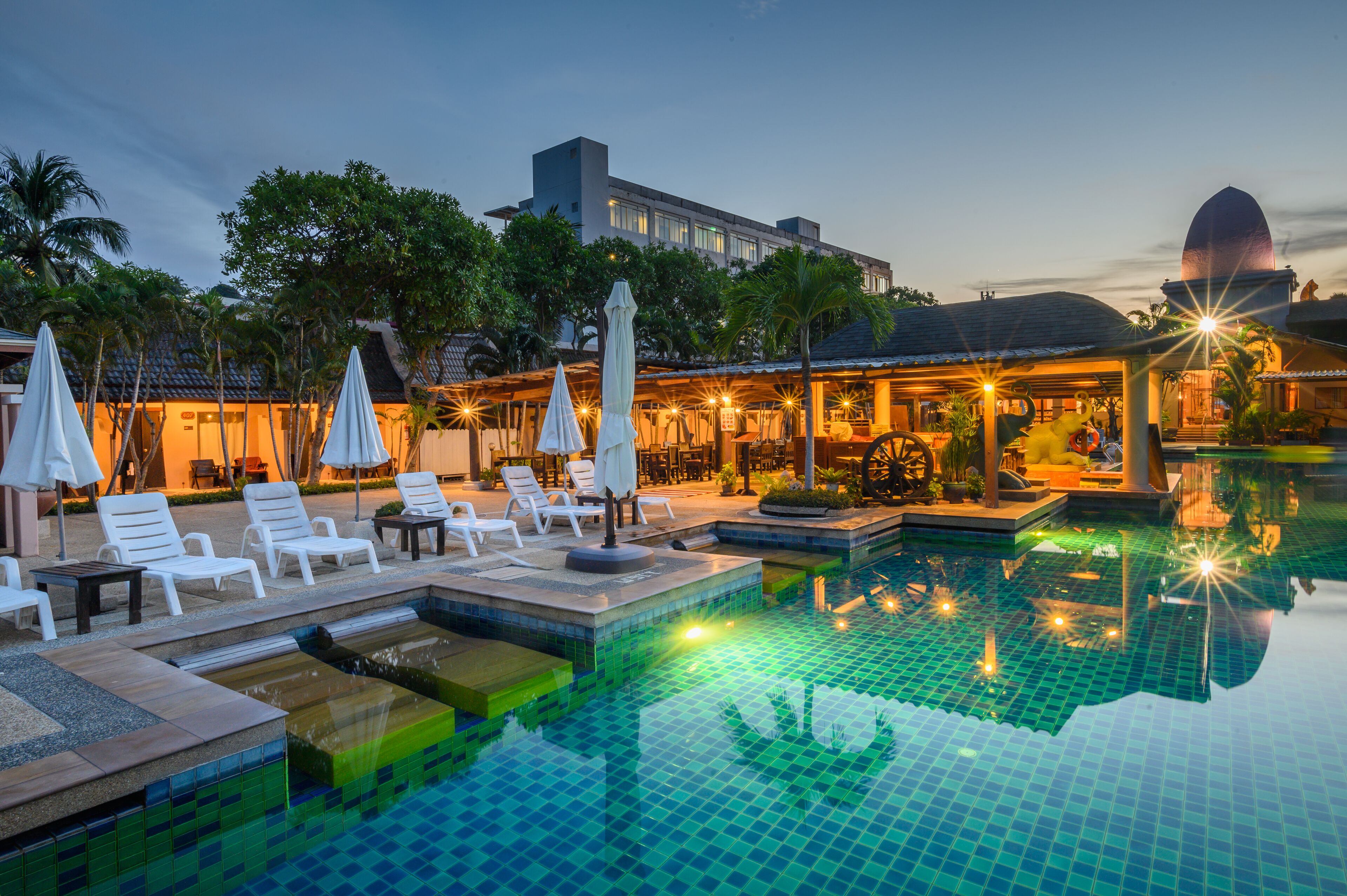 outdoor pool, pool umbrellas, pool loungers