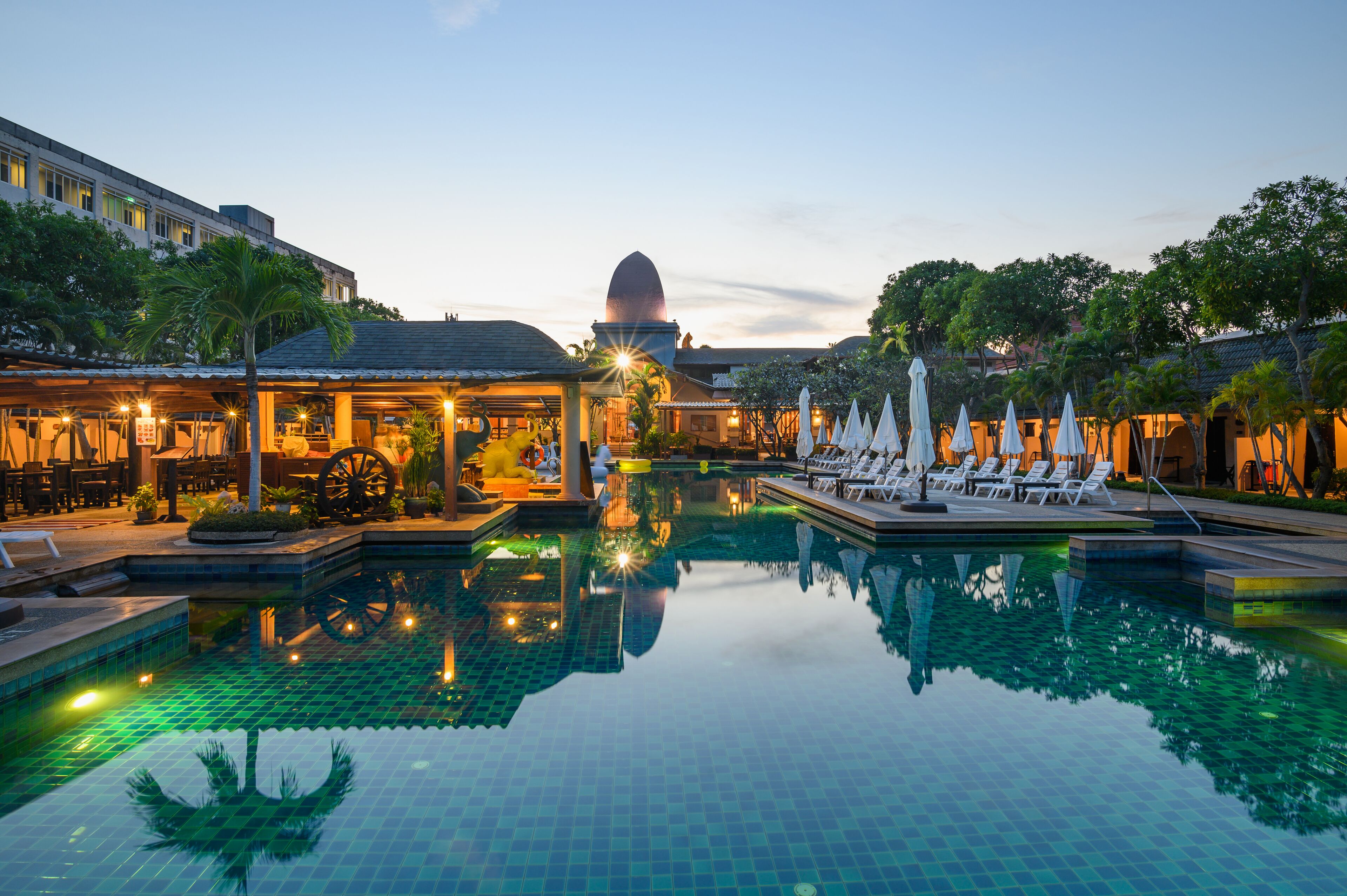 outdoor pool, pool umbrellas, pool loungers