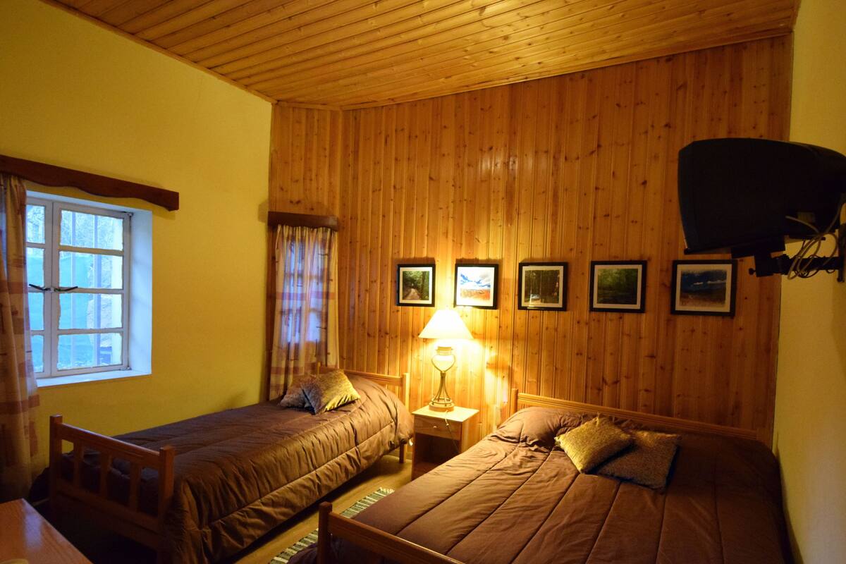Een kamer met twee bedden, houten wanden, een raam en een aan de muur bevestigde televisie.