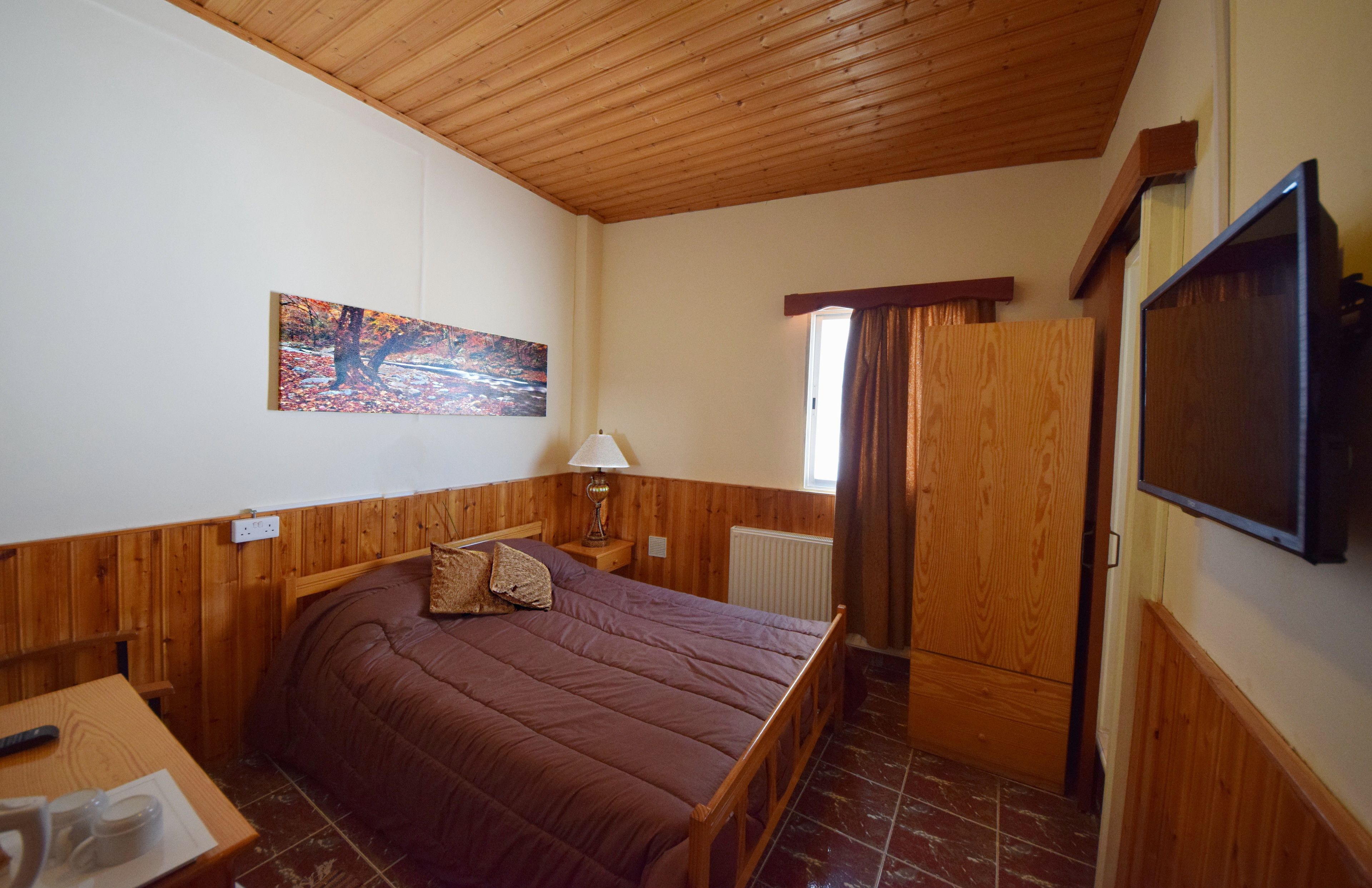 Ein Schlafzimmer mit Holzbalkendecke, einem Bett mit brauner Bettdecke, einem Gemälde an der Wand, einer Lampe und einem Fernseher.