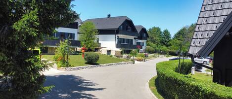 A residential street with houses, a driveway, and a well-maintained lawn.