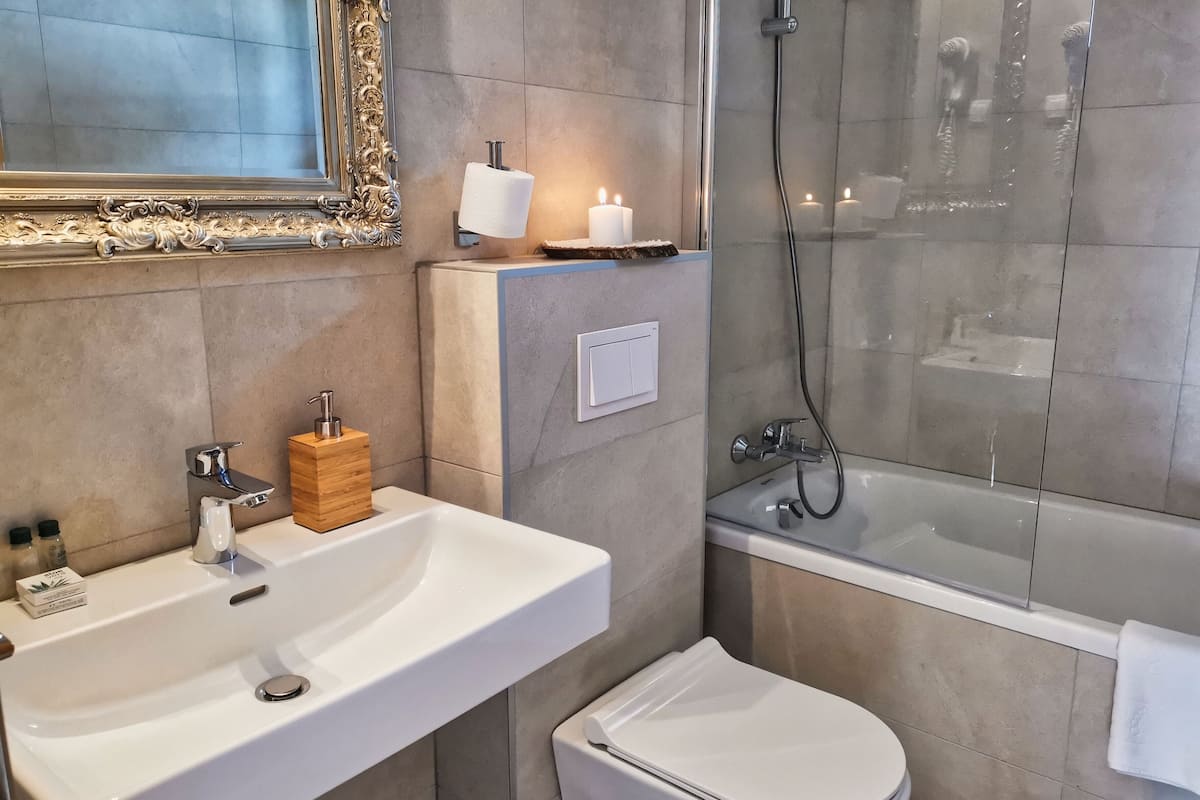 shower, free toiletries, hair dryer, towels