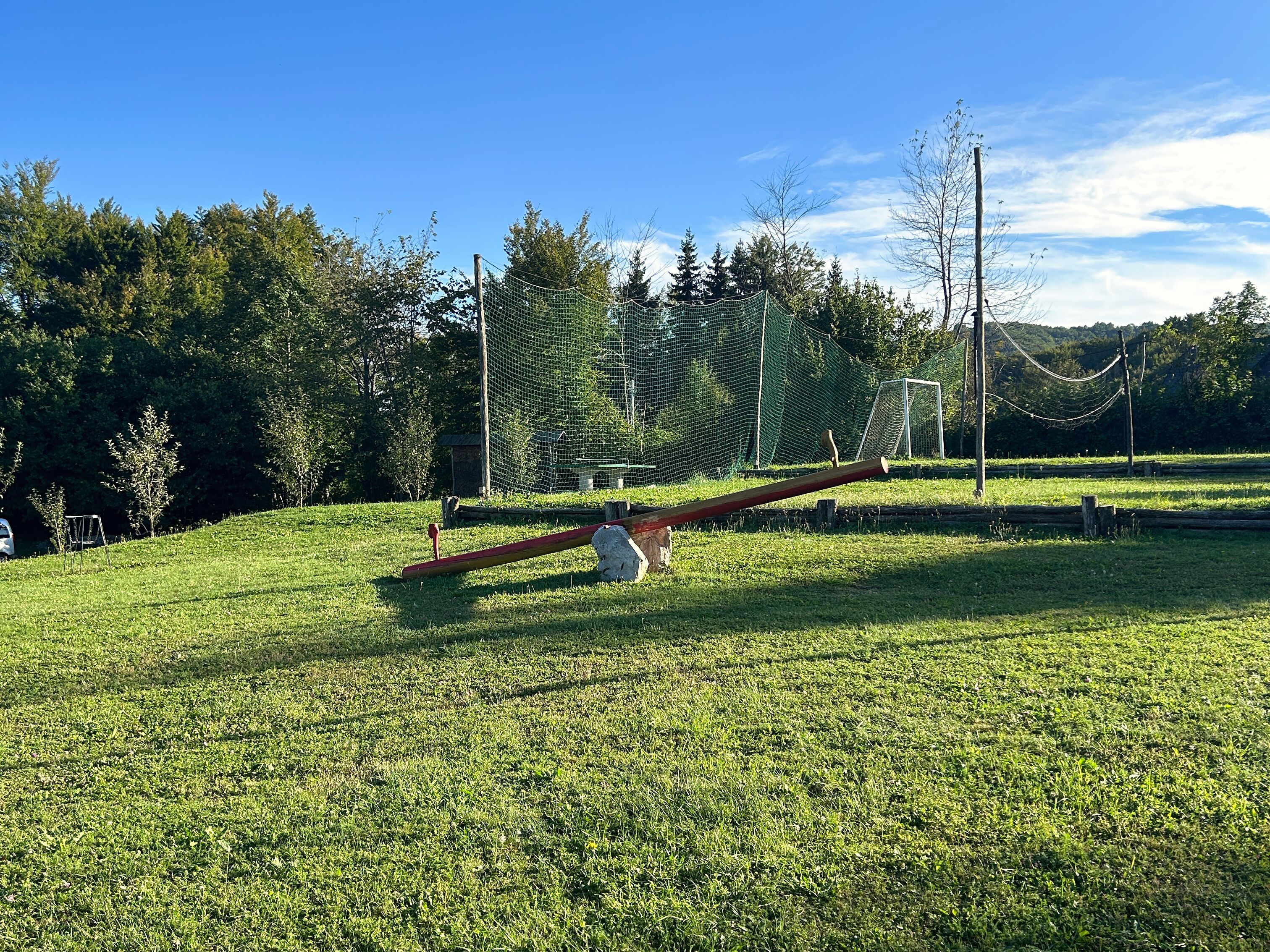 A grassy field with a swing set and a seesaw.