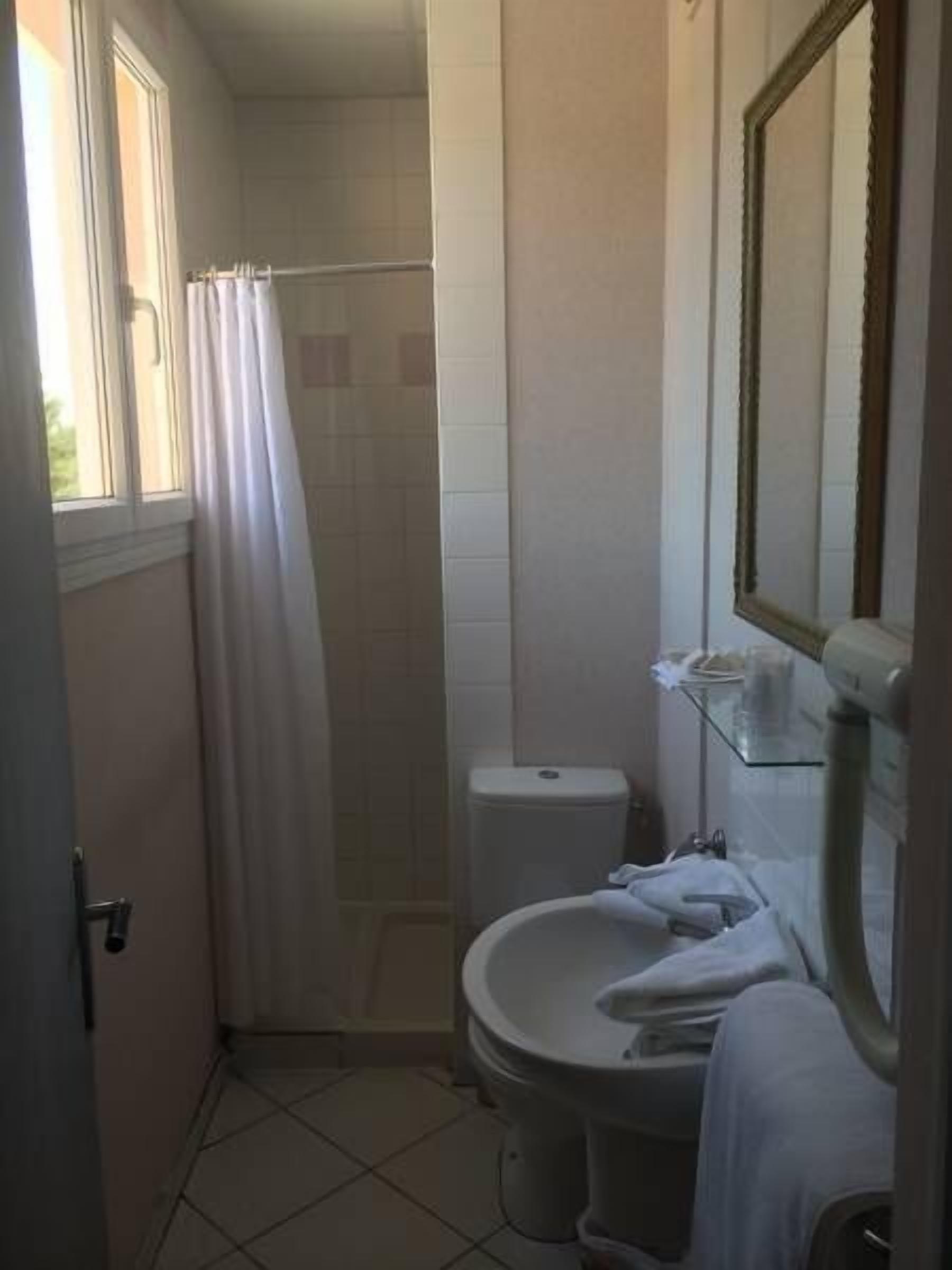 Un baño con inodoro, ducha y espejo.