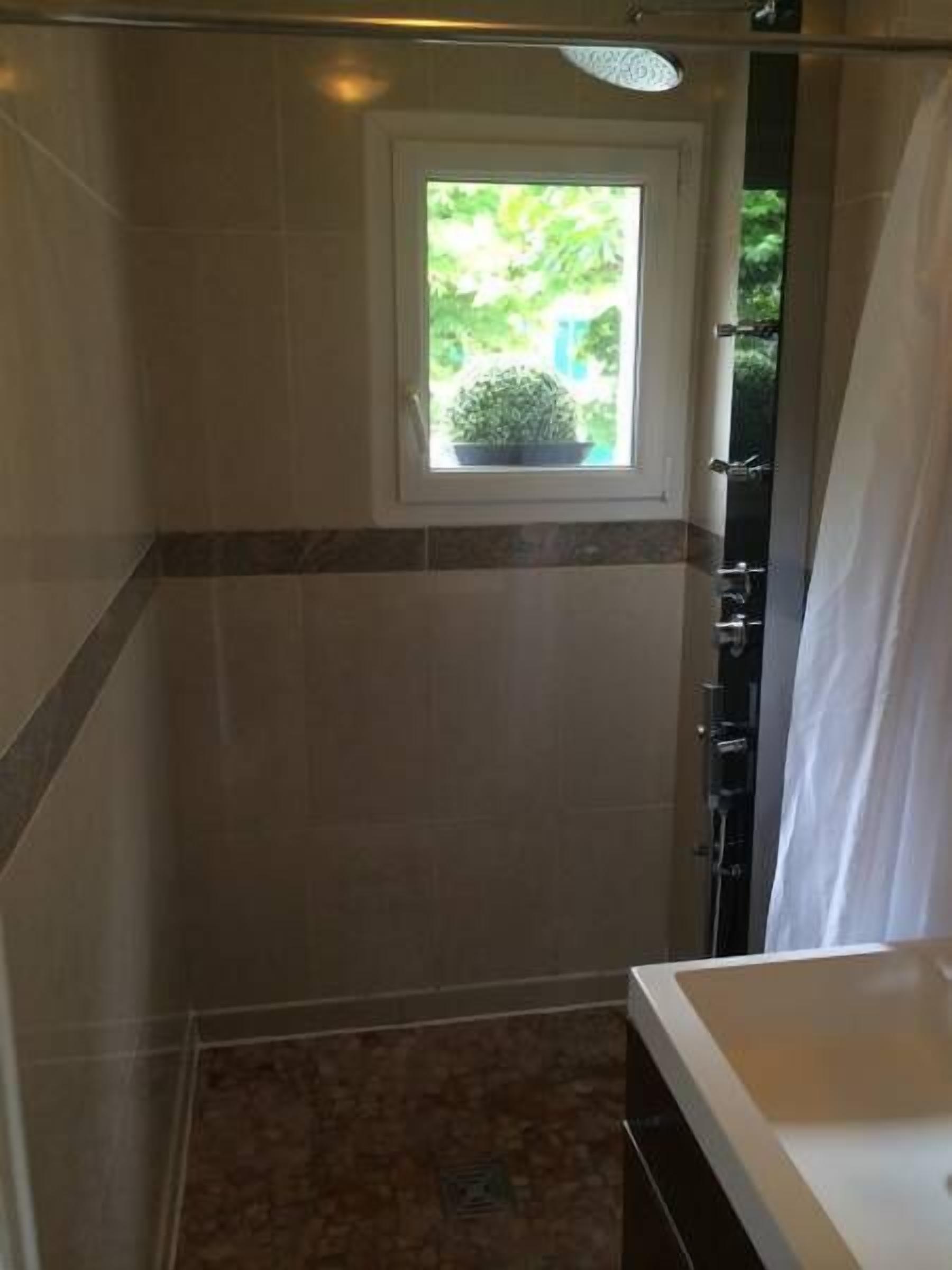 Un baño con ducha, una ventana con vista a la vegetación y un lavamanos.