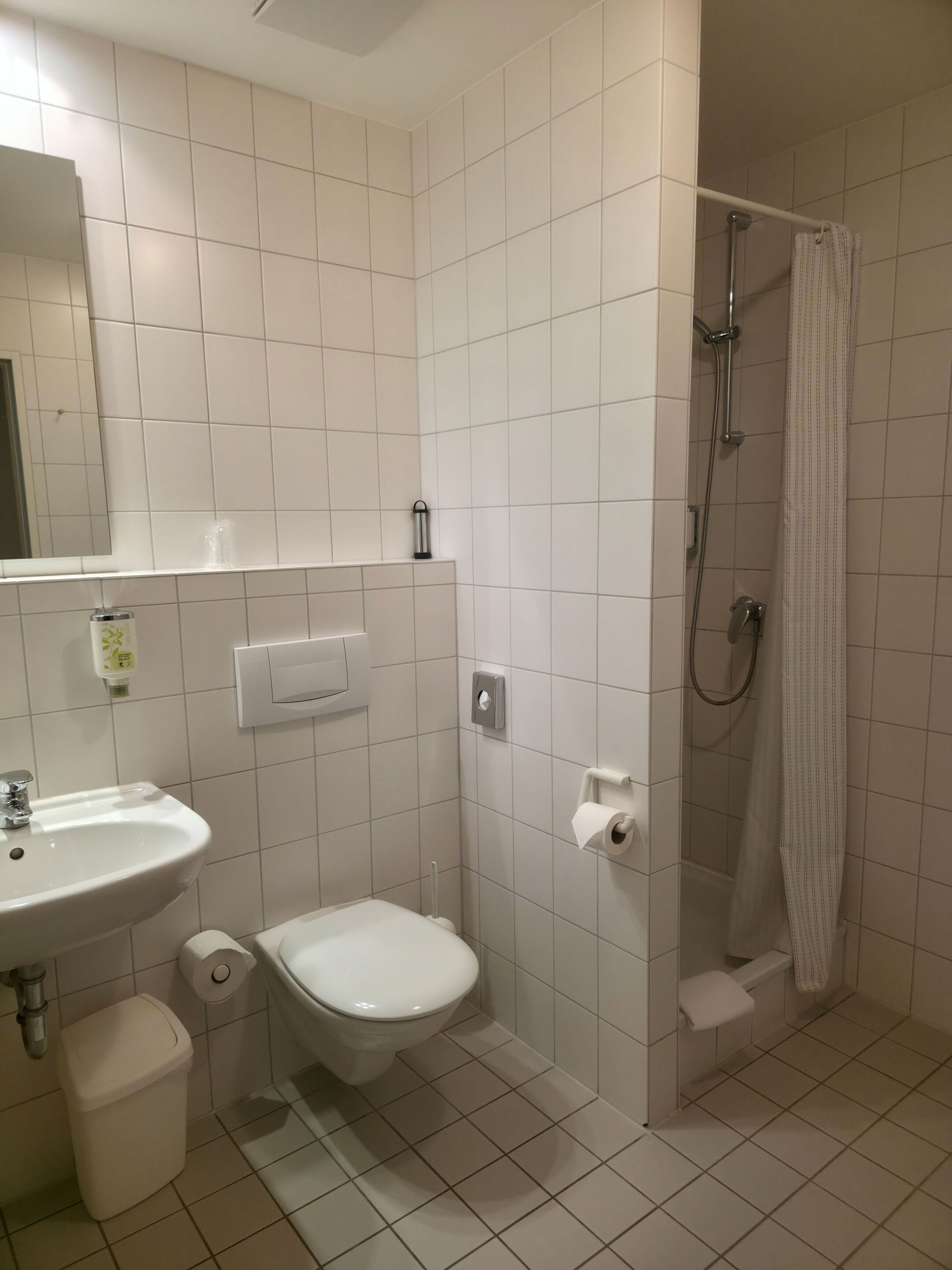 Een badkamer met een wastafel, toilet en douche.