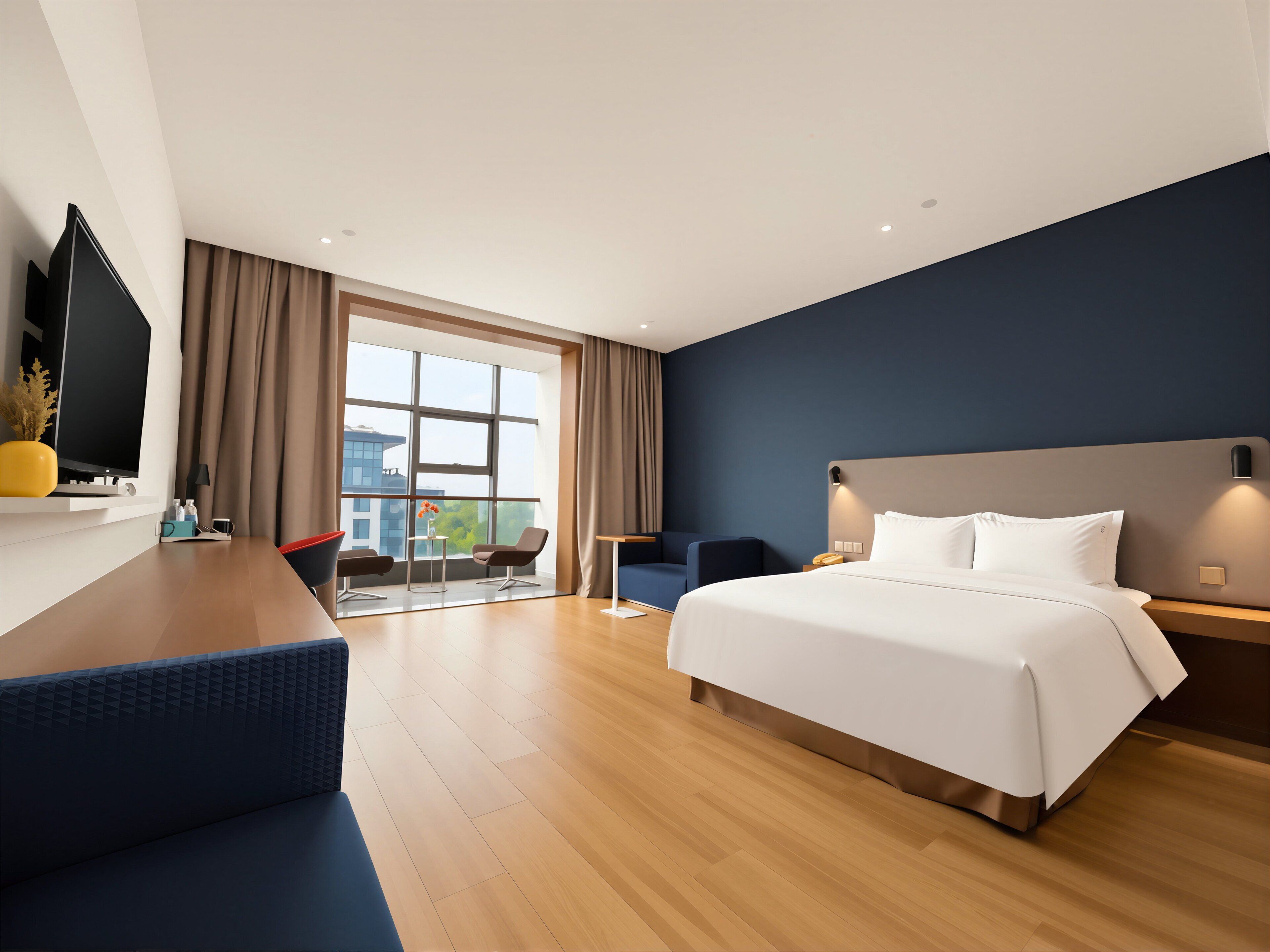 Habitación de hotel moderna con una cama grande, un escritorio, un televisor de pantalla plana y una zona de estar con vistas a la ciudad.