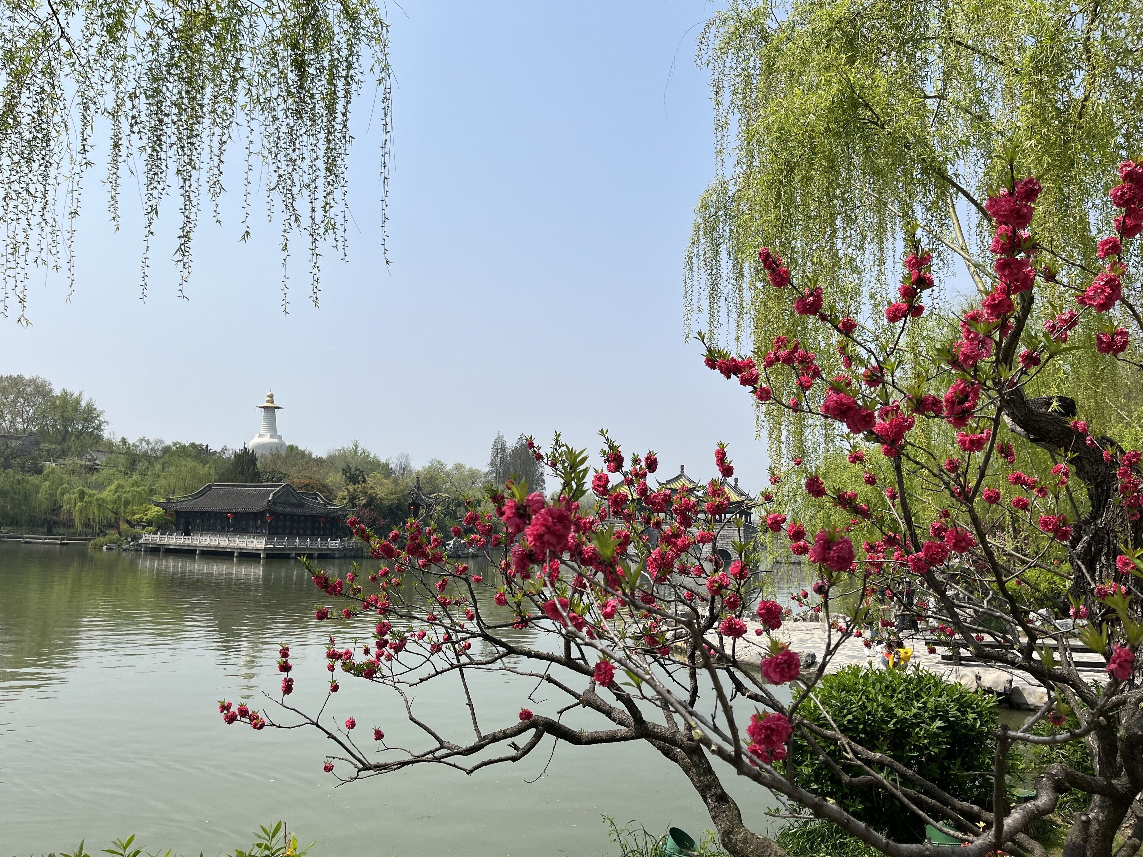 Una vista serena de un lago con arquitectura tradicional, que incluye una pagoda y un pabellón.