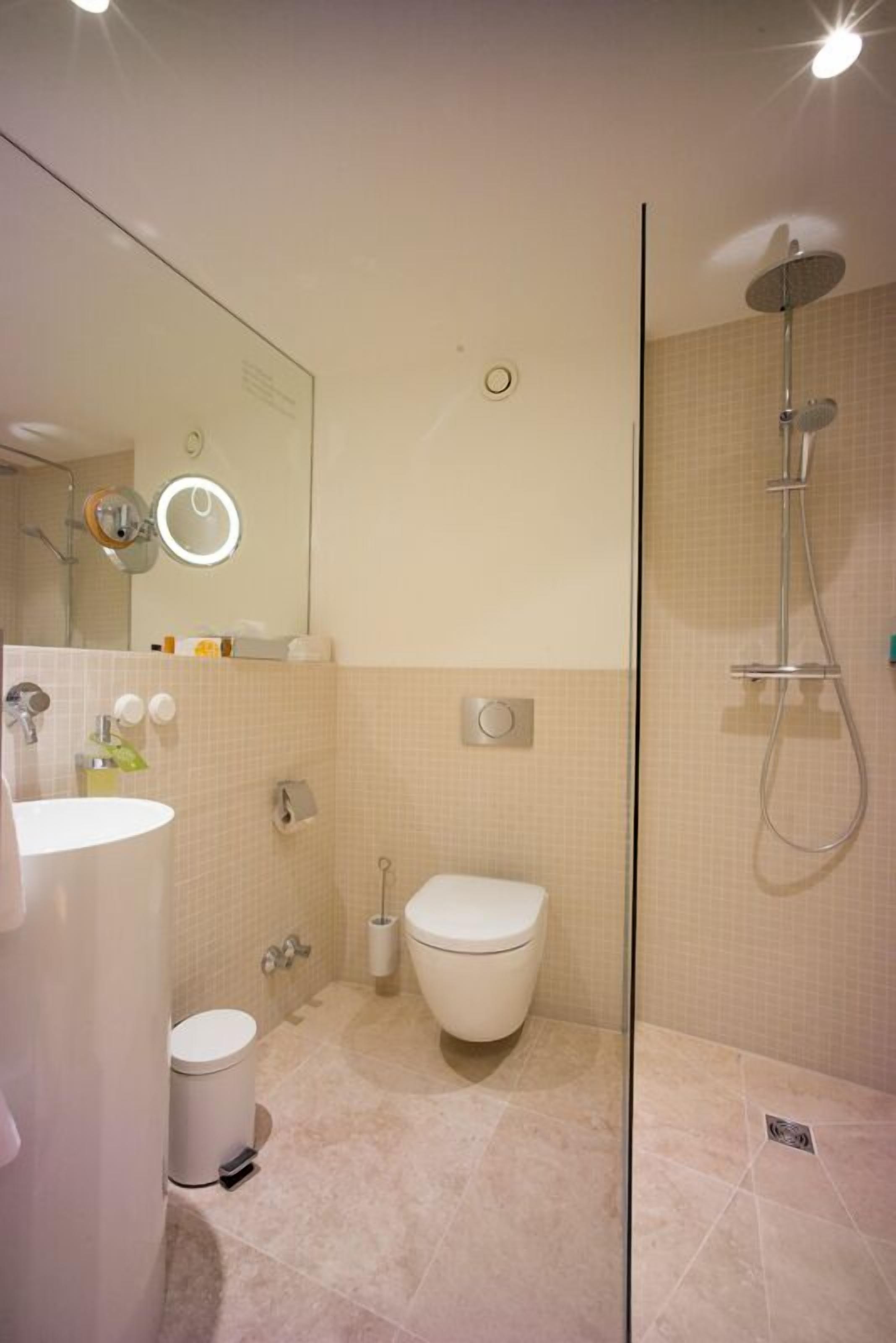 A modern bathroom with a glass shower enclosure, a toilet, a sink, and a mirror.