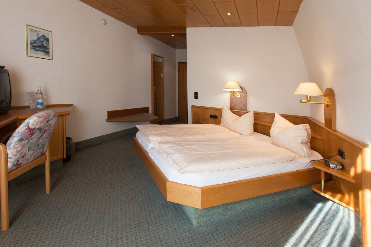 A hotel room with a bed, a desk with a chair, a television, and two bedside lamps.