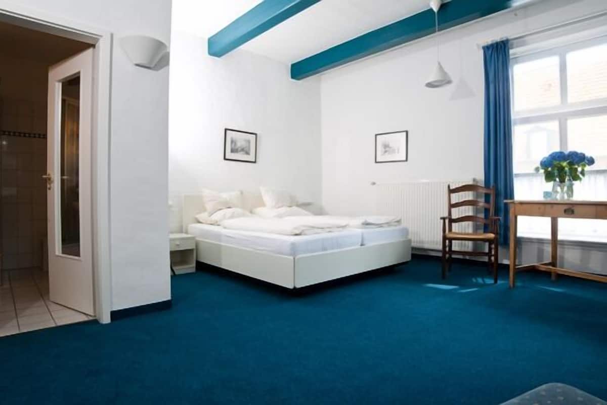 Une chambre à coucher avec un lit, un bureau, une chaise et une fenêtre avec des rideaux.