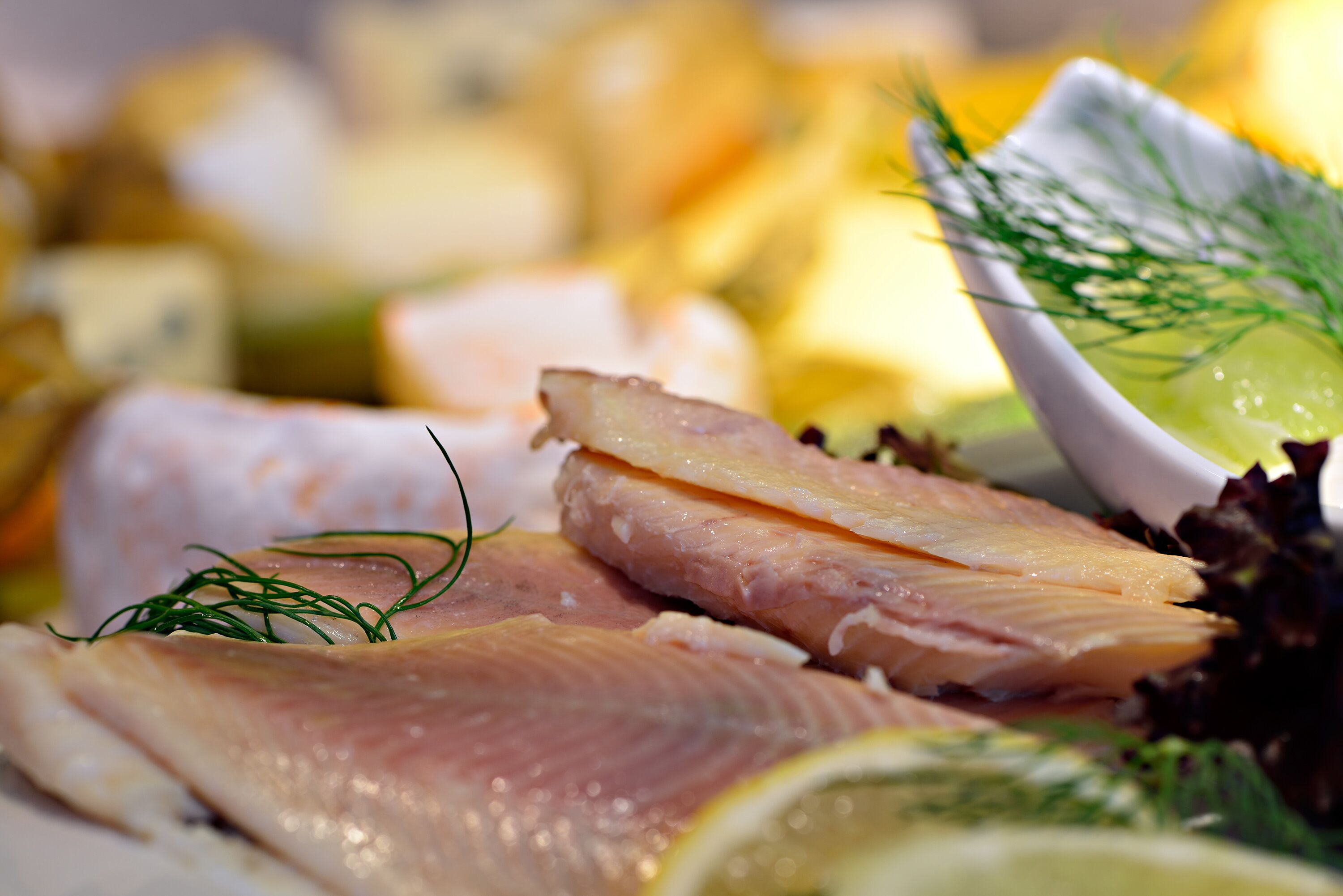 A close-up of various seafood items, including slices of fish and a bowl of salad with dill.