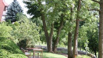 Ein gepflegter Garten mit einer Bank und einem Picknicktisch, umgeben von alten Bäumen und ordentlich geschnittenen Hecken.
