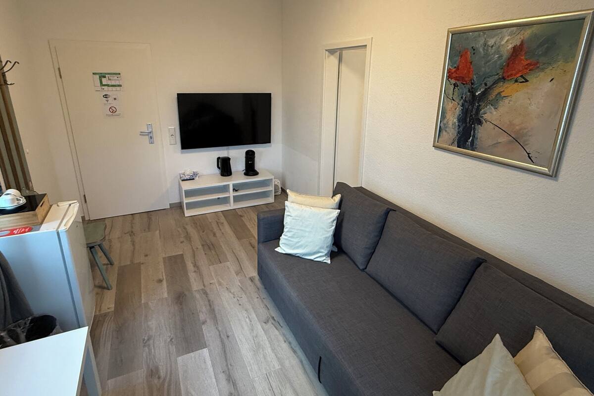 A modern living room with a flat-screen TV, a grey sofa, and a painting on the wall.