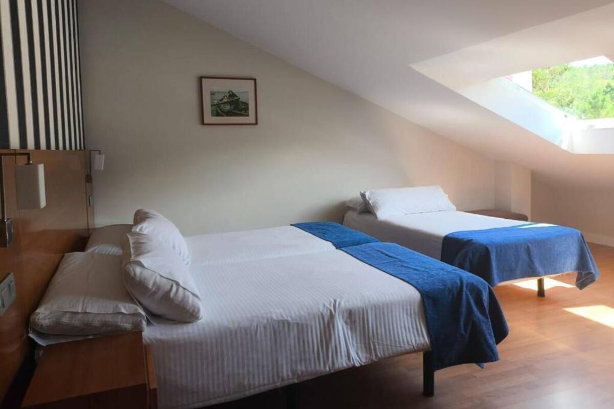 A room with two beds, a wooden desk, a framed picture on the wall, and a skylight.