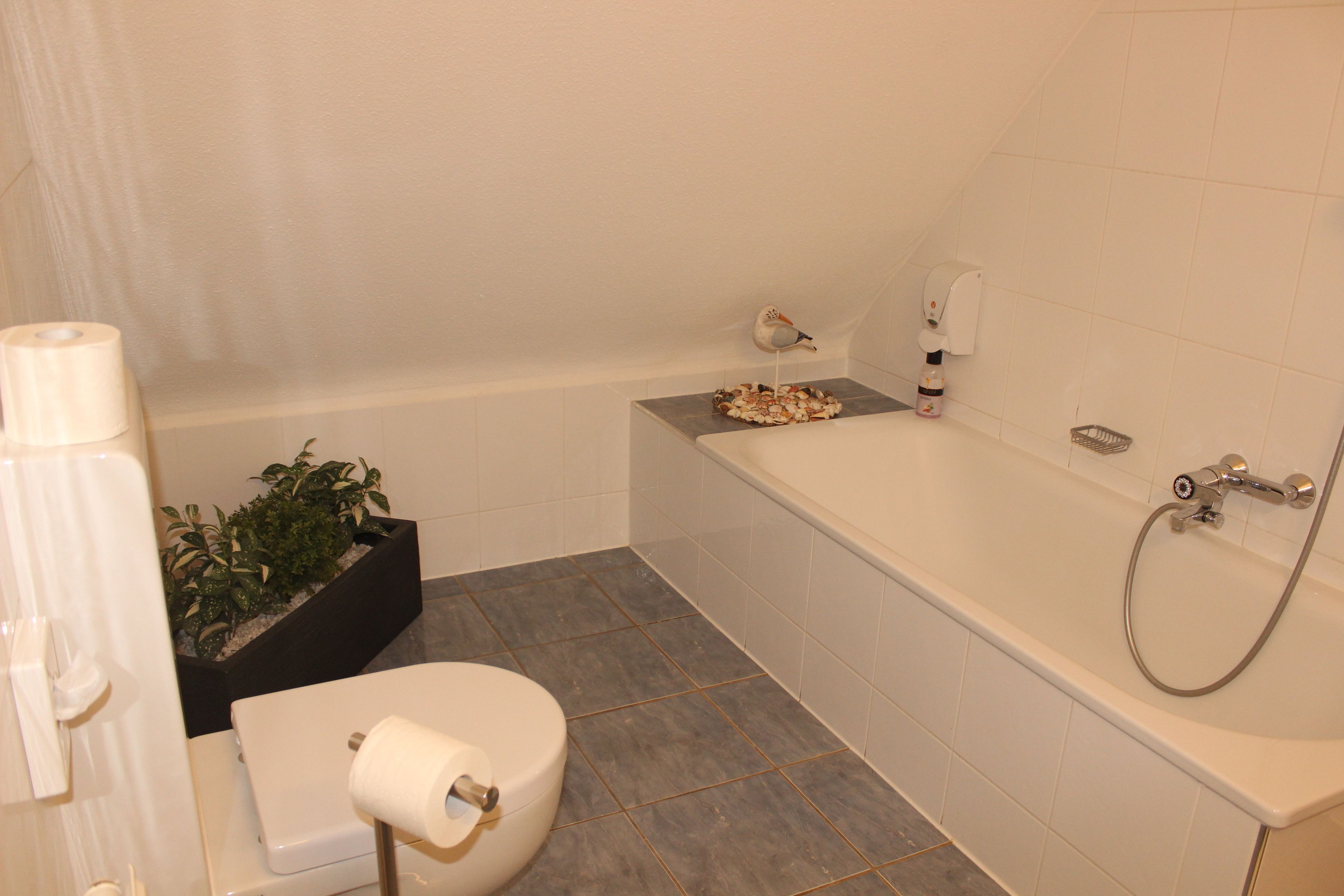 A bathroom with a toilet, a bidet, a bathtub, and a small plant.