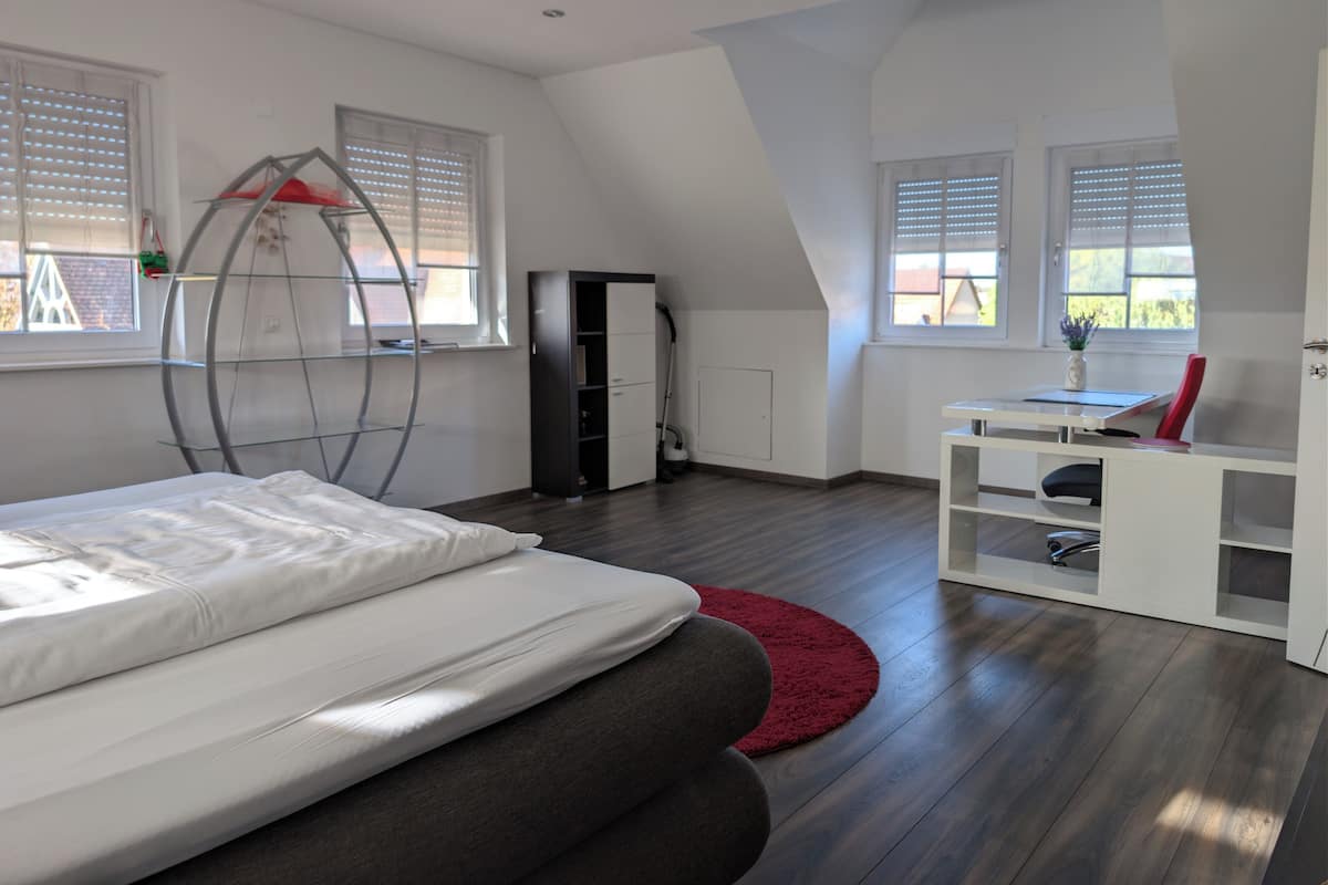 A bedroom with a bed, a desk, and a red rug.