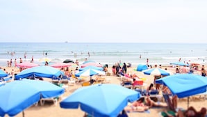 Une plage bondée, avec de nombreux parasols et beaucoup de vacanciers.