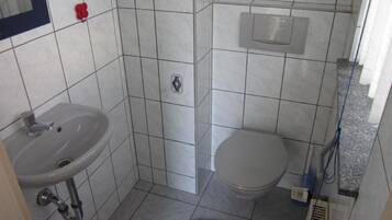 A small bathroom with a sink, toilet, and shower area.