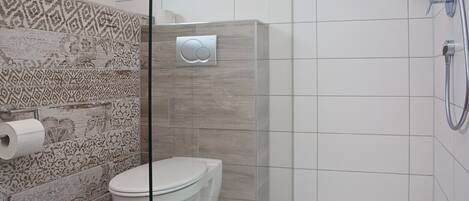 A modern bathroom with a toilet, shower, and patterned wall tiles.